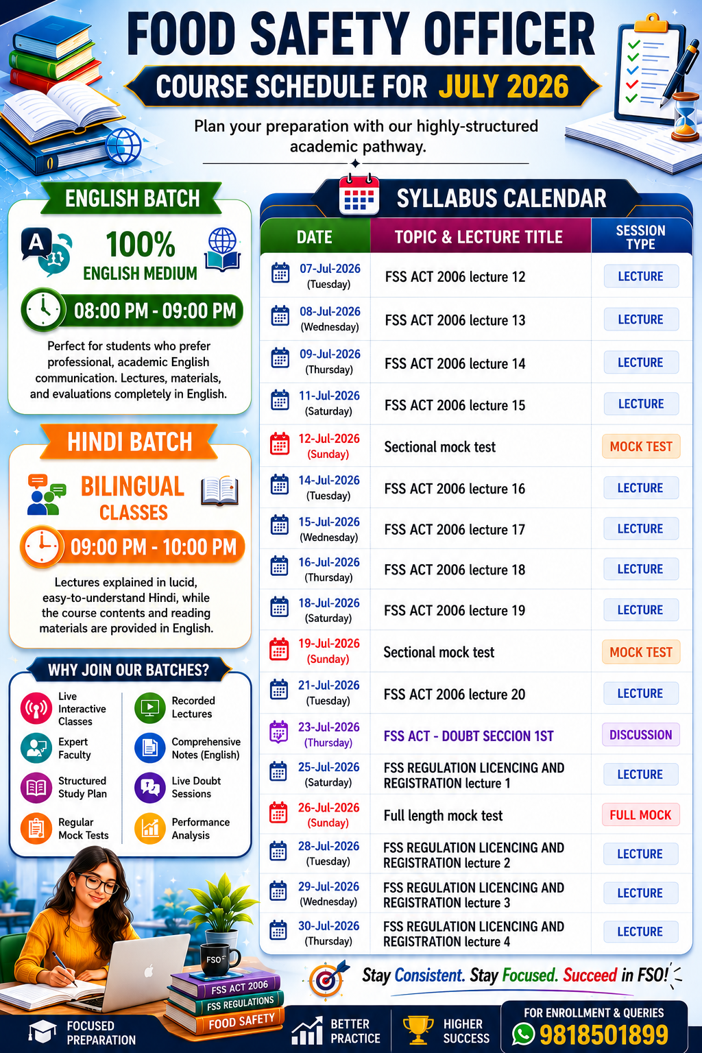 Food Safety Officer July 2026 course schedule with English and Hindi batch timings, syllabus calendar, lectures and mock tests